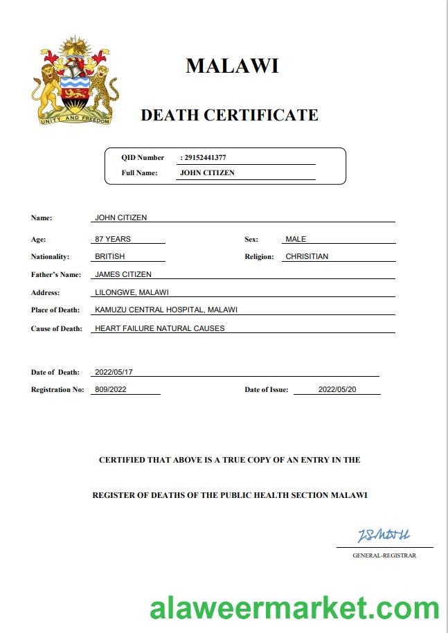 Malawi vital record death certificate Word and PDF template